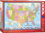 Map of the USA 1000 Piece Puzzle. Finished size 19.25" x 26.5". This educational map includes all major cities, as well as, the capital cities and state flags. Strong high-quality puzzle pieces. Made from recycled board and printed with vegetable based in