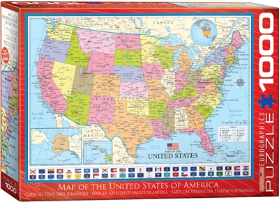 Map of the USA 1000 Piece Puzzle. Finished size 19.25" x 26.5". This educational map includes all major cities, as well as, the capital cities and state flags. Strong high-quality puzzle pieces. Made from recycled board and printed with vegetable based in