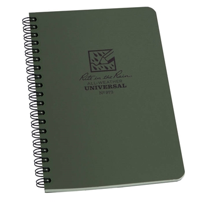 Waterproof Side Spiral Notebook Green 5x7. These notebooks are made with a Polydura cover and side spiral, wire-o binding. Pages are printed on 4 5/8" x 7" Green, non-glare Rite in the Rain paper and feature the Universal page pattern.