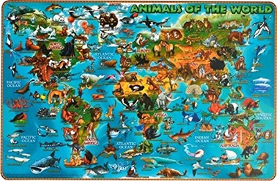 Kids Illustrated World Map - laminated place mat. Teach the basics of geography with this Illustrated map that matches different animals to where they live, both on land and in the water. This sturdy map is easy to clean and will last over time. These mat