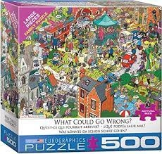 WHAT COULD GO WRONG? - PUZZLE - 500 PC.  High quality large piece puzzle of a local town square scene with comical mishaps taking place.