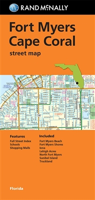 Fort Myers & Cape Coral Street Map. Communities Include Fort Myers Beach, Fort Myers Shores, Cape Coral, Iona, Lehigh Acres, North Fort Myers, Sanibel Island, and Truckland. Indications of parks, points of interest, airports, county boundaries, schools, s