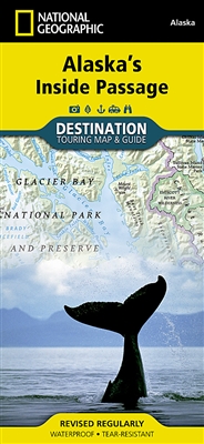 Alaska Inside Passage Travel Map. The front side reveals a striking map of the region from the northern reaches of Glacier Bay National Park and Preserve south to Prince of Wales Island. Information about the islands and other land features, wildlife view