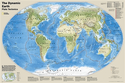 Plate Tectonics World Map - National Geographic. The Dynamic Earth wall map illustrates plate tectonics and features new bathymetry and naturally colored relief, as well as volcano and  earthquake data through 2011. Like pieces of a giant jigsaw puzzle, t
