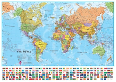 World Wall Political Map with Flags - Small. This world wall map features every country in a different color. Capital cities are clearly shown on the political wall map, as well as major towns and population detail. The map contains hill and sea shading a