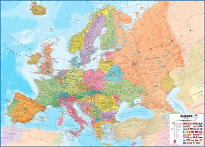 European Political Wall Map with flags. Politically colored wall map of Europe features countries marked in a different color, with international boundaries shown. All major towns and cities are featured within our large map of Europe. The map contains hi