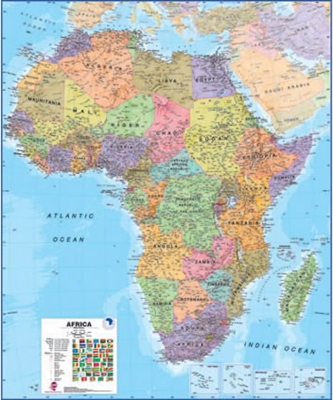 Africa Political Wall Map with Flags. This political wall map of Africa features countries marked in different colors, with international borders clearly shown. The map's key shows a panel of flags from each of the countries displayed in this African cont
