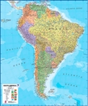 South America Large Wall Map. This political wall map of South America features countries marked in different colors, with international borders clearly shown. The map's key shows the flags from the countries displayed in this map. This South American phy