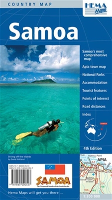 Samoa Travel Map features tourist facilities, historical and environmental attractions. There is a great guide to caves, reefs, springs, waterfalls and many other points of interest to make your trip spectacular. It is a folded paper map printed on 2 side