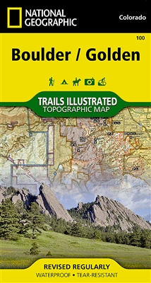 Boulder and Golden Colorado hiking trails map. Features key points of interest including Boulder Mountain Park, Clear Creek, Golden Gate Canyon State Park, Alderfer/Three Sisters Park, Lookout Mountain, and the iconic Red Rocks amphitheater. The communit