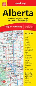 Alberta Travel & Road Map - Folded. Includes regional maps of Airdrie, Banff, Brooks, Calgary, Camrose, Canmore, Cochrane, Edmonton, Fort McMurray, Grande Prairie, Jasper, Leduc, Lethbridge, Lloydminster, Medicine Hat, Okotoks, Red Deer, Spruce Grove and