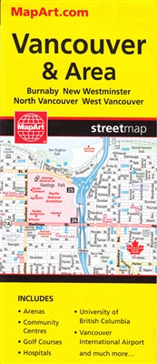 Vancouver & Lower Mainland - folded road map. Includes communities of Burnaby, New Westminster, North Vancouver, Vancouver, West Vancouver. Also Includes: University of British Columbia & Vancouver International Airport! Map Features: Arenas, Community Ce
