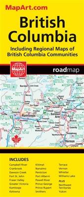 British Columbia Travel Road map. Includes regional maps of Campbell River, Cranbrook, Dawson Creek, Fort St. John, Fraser Valley, Greater Victoria, Kamloops, Kelowna, Kitimat, Nanaimo, Penticton, Port Alberni, Powell River, Prince George, Prince Rupert,
