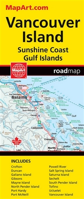 Vancouver Island Sunshine Coast & the Gulf Islands road map. Full colour map features detailed large scale road information for Vancouver Island and the Sunshine Coast and also includes city maps of Campbell River, Courtenay, Comox, Gibsons, Parksville, P