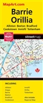 Barrie & Orillia Ontario Road Map. This map has very good detail of these two cities and included is a nicely sized road map of the area surrounding Barrie and Orillia at 1:250,000 scale. Plus insets of many of the towns between them at 1:25,000 scale.