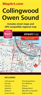Collingwood & Owen Sound Travel & Road Map. It's a must-have for anyone travelling in Owen Sound Collingwood, Ontario. Includes detailed regional map. Includes detailed city maps of Collingwood, Elmvale, Hanover, Meaford, Midland, Owen Sound, Penetanguish