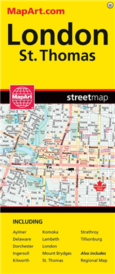 London & St. Thomas Ontario Travel Road map. Includes city maps of Aylmer, Delaware, Dorchester, Ingersoll, Kilworth, Komoka, Lambeth, London, Mount Brydges, St. Thomas, Strathroy, and Tillsonburg. Map Features include: Parks Golf courses Points of intere