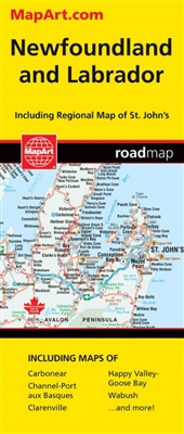 Newfoundland & Labrador travel & road map. Includes Provincial maps of Newfoundland and Labrador, Inset map of Avalon and Bonavista Peninsula. Downtown city map of St. Johns, Greater St. Johns, Atlantic Coast, distance chart and ferry information.
