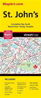 St. John's Newfoundland street map. This map is a must-have for anyone travelling in St. John's, Newfoundland. Includes communities of Conception Bay South, Logy Bay-Middle Cove-Outer Cove, Mount Pearl, Paradise, Petty Harbour-Maddox Cove, Portugal Cove-S