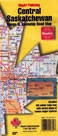 Central Saskatchewan Range  & Township Map.  This is an easy to read map with lots of detail and complete road coverage of central Saskatchewan. It also includes township and range roads plus a distance map between urban places.