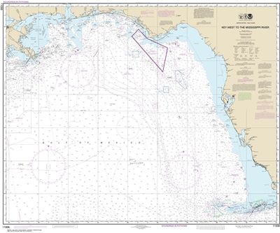 NOAA Chart 11006. Nautical Chart of the Gulf Coast - Key West to Mississippi River. NOAA charts portray water depths, coastlines, dangers, aids to navigation, landmarks, bottom characteristics and other features, as well as regulatory, tide, and other inf