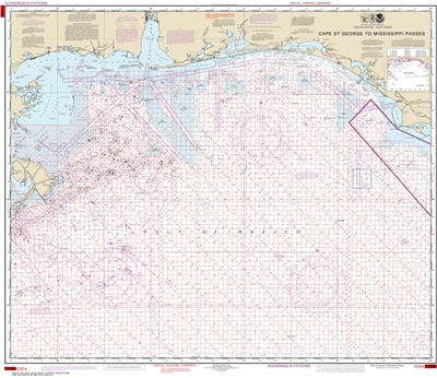 NOAA Chart 1115A. Nautical Chart of Cape St. George to Mississippi Passes - Oil and Gas Lease Areas - Gulf of Mexico. NOAA charts portray water depths, coastlines, dangers, aids to navigation, landmarks, bottom characteristics and other features, as well