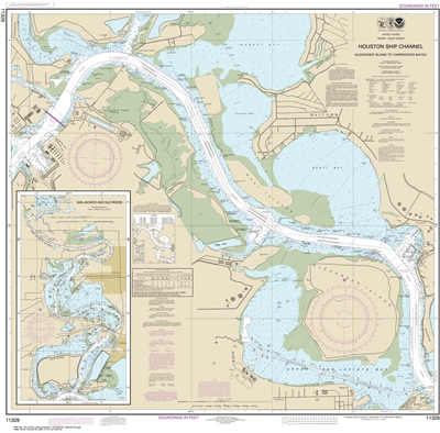 NOAA Chart 11329. Nautical Chart of Houston Ship Channel Alexander Island to Carpenters Bayou - San Jacinto and Old Rivers - Gulf Coast. NOAA charts portray water depths, coastlines, dangers, aids to navigation, landmarks, bottom characteristics and other