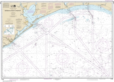 NOAA Chart 11330. Nautical Chart of Mermentau River to Freeport - Gulf Coast. NOAA charts portray water depths, coastlines, dangers, aids to navigation, landmarks, bottom characteristics and other features, as well as regulatory, tide, and other informati