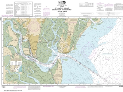 NOAA Chart 11506. Nautical Chart of St Simons Sound, Brunswick Harbor and Turtle River - East Coast USA. NOAA charts portray water depths, coastlines, dangers, aids to navigation, landmarks, bottom characteristics and other features, as well as regulatory