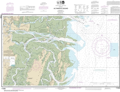 NOAA Chart 11508. Nautical Chart of Altamaha Sound - East Coast USA. NOAA charts portray water depths, coastlines, dangers, aids to navigation, landmarks, bottom characteristics and other features, as well as regulatory, tide, and other information. They