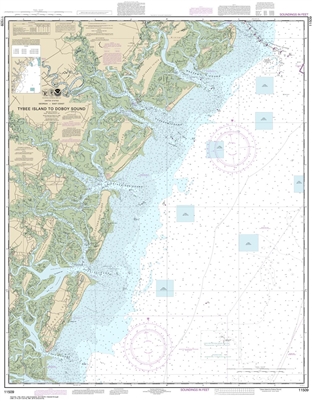 NOAA Chart 11509. Nautical Chart of Tybee Island to Doboy Sound - East Coast USA. NOAA charts portray water depths, coastlines, dangers, aids to navigation, landmarks, bottom characteristics and other features, as well as regulatory, tide, and other infor