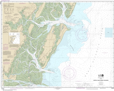 NOAA Chart 11510. Nautical Chart of Sapelo and Doboy Sounds - East Coast USA. NOAA charts portray water depths, coastlines, dangers, aids to navigation, landmarks, bottom characteristics and other features, as well as regulatory, tide, and other informati