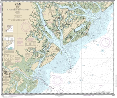 NOAA Chart 11513. Nautical Chart of St Helena Sound to Savannah River - East Coast USA. NOAA charts portray water depths, coastlines, dangers, aids to navigation, landmarks, bottom characteristics and other features, as well as regulatory, tide, and other