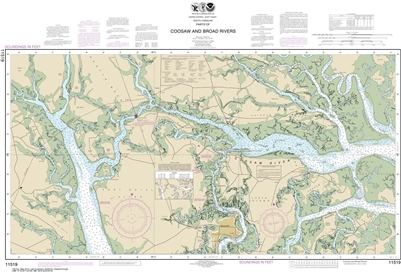 NOAA Chart 11519. Nautical Chart of Parts of Coosaw and Broad Rivers - East Coast USA. NOAA charts portray water depths, coastlines, dangers, aids to navigation, landmarks, bottom characteristics and other features, as well as regulatory, tide, and other