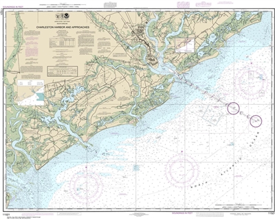 NOAA Chart 11521. Nautical Chart of Charleston Harbor and Approaches - East Coast USA. NOAA charts portray water depths, coastlines, dangers, aids to navigation, landmarks, bottom characteristics and other features, as well as regulatory, tide, and other
