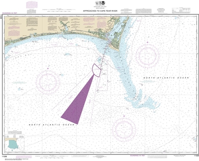 NOAA Chart 11536. Nautical Chart of Approaches to Cape Fear River - East Coast USA. NOAA charts portray water depths, coastlines, dangers, aids to navigation, landmarks, bottom characteristics and other features, as well as regulatory, tide, and other inf