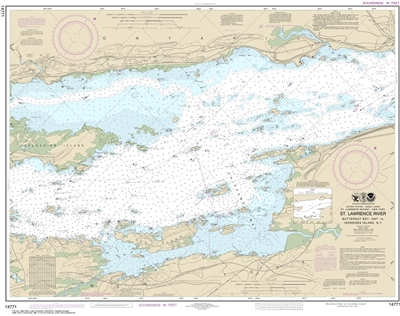 NOAA Chart 14771. Nautical Chart of Butternut Bay, ONT to Ironsides lsland, NY. NOAA charts portray water depths, coastlines, dangers, aids to navigation, landmarks, bottom characteristics and other features, as well as regulatory, tide, and other informa