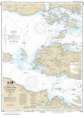 NOAA Chart 14774. Nautical Chart of Round Island NY and Gananoque to Wolfe Island ONT. NOAA charts portray water depths, coastlines, dangers, aids to navigation, landmarks, bottom characteristics and other features, as well as regulatory, tide, and other