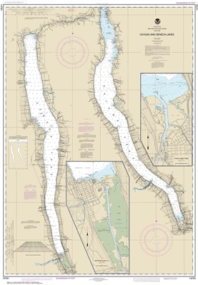 NOAA Chart 14791. Nautical Chart of Cayuga and Seneca Lakes - Watkins Glen - Ithaca. NOAA charts portray water depths, coastlines, dangers, aids to navigation, landmarks, bottom characteristics and other features, as well as regulatory, tide, and other in