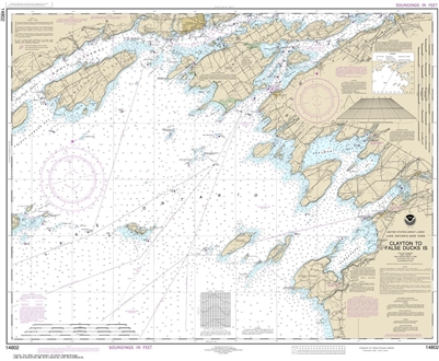 NOAA Chart 14802. Nautical Chart of Lake Ontario - Clayton to False Ducks lsland. NOAA charts portray water depths, coastlines, dangers, aids to navigation, landmarks, bottom characteristics and other features, as well as regulatory, tide, and other infor