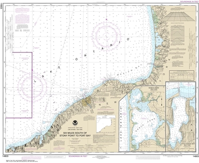 NOAA Chart 14803. Nautical Chart of Six Miles south of Stony Point to Port Bay - North Pond - Little Sodus Bay. NOAA charts portray water depths, coastlines, dangers, aids to navigation, landmarks, bottom characteristics and other features, as well as reg