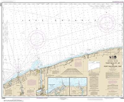 NOAA Chart 14806. Nautical Chart of Thirtymile Point, NY, to Port Dalhousie, ONT. NOAA charts portray water depths, coastlines, dangers, aids to navigation, landmarks, bottom characteristics and other features, as well as regulatory, tide, and other infor