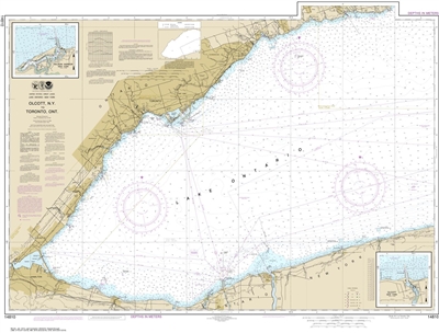 NOAA Chart 14810. Nautical Chart of 14810 Olcott Harbor to Toronto - Olcott and Wilson Harbors on Lake Ontario. NOAA charts portray water depths, coastlines, dangers, aids to navigation, landmarks, bottom characteristics and other features, as well as reg