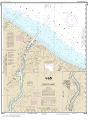 NOAA Chart 14815. Nautical Chart of Rochester Harbor, including Genessee River to head of navigation on Lake Ontario. NOAA charts portray water depths, coastlines, dangers, aids to navigation, landmarks, bottom characteristics and other features, as well