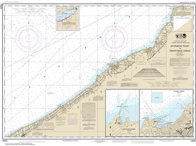 NOAA Chart 14823. Nautical Chart of Sturgeon Point to Twentymile Creek - Dunkirk Harbor - Barcelona Harbor. NOAA charts portray water depths, coastlines, dangers, aids to navigation, landmarks, bottom characteristics and other features, as well as regulat