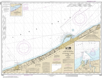NOAA Chart 14824. Nautical Chart of Sixteenmile Creek to Conneaut - Conneaut Harbor on Lake Erie. NOAA charts portray water depths, coastlines, dangers, aids to navigation, landmarks, bottom characteristics and other features, as well as regulatory, tide,