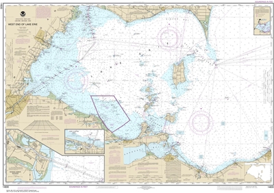 NOAA Chart 14830. Nautical Chart of West End of Lake Erie - Port Clinton Harbor - Monroe Harbor. NOAA charts portray water depths, coastlines, dangers, aids to navigation, landmarks, bottom characteristics and other features, as well as regulatory, tide,