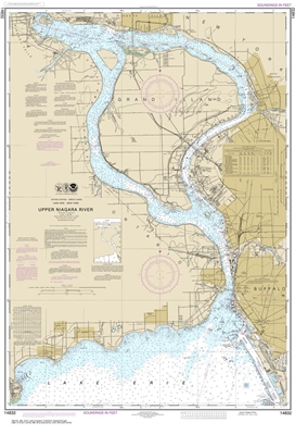 NOAA Chart 14832. Nautical Chart of Niagara Falls to Buffalo. NOAA charts portray water depths, coastlines, dangers, aids to navigation, landmarks, bottom characteristics and other features, as well as regulatory, tide, and other information. They contain