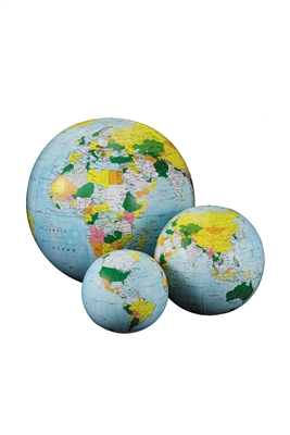 Light Blue Inflatable Globe - 12 inch. Inflatable globes are great fun and an excellent way to learn and teach about the world's features. This globe not only shows the countries by different colour but also the currents in the ocean and how they can shap