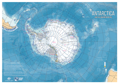 Antarctica Wall Map. This beautiful map at 1:20,000,000 scale was generated by the Australian Antarctica Program with a Polar Stereographic Projection. It lists the Antarctic Peninsula Stations and their locations, hypsometric contours, and a bathymetric